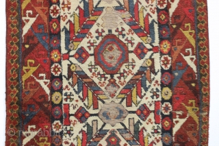 Antique large northwest persian kurdish rug. Extremely colorful example with thick high pile but years of dirt and several spots in need of restoration. All natural colors. Mostly wool foundation but some  ...