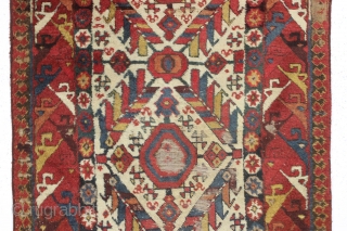 Antique large northwest persian kurdish rug. Extremely colorful example with thick high pile but years of dirt and several spots in need of restoration. All natural colors. Mostly wool foundation but some  ...