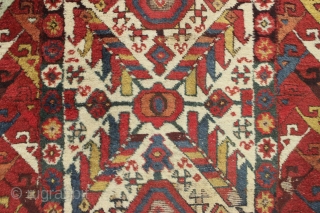 Antique large northwest persian kurdish rug. Extremely colorful example with thick high pile but years of dirt and several spots in need of restoration. All natural colors. Mostly wool foundation but some  ...