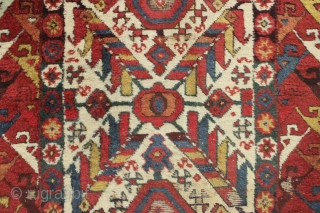 Antique large northwest persian kurdish rug. Extremely colorful example with thick high pile but years of dirt and several spots in need of restoration. All natural colors. Mostly wool foundation but some  ...