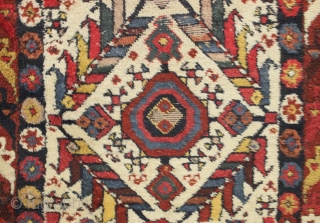 Antique large northwest persian kurdish rug. Extremely colorful example with thick high pile but years of dirt and several spots in need of restoration. All natural colors. Mostly wool foundation but some  ...