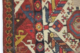 Antique large northwest persian kurdish rug. Extremely colorful example with thick high pile but years of dirt and several spots in need of restoration. All natural colors. Mostly wool foundation but some  ...
