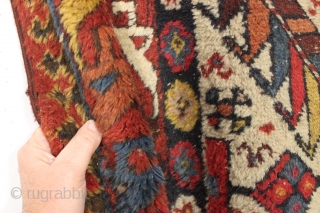 Antique large northwest persian kurdish rug. Extremely colorful example with thick high pile but years of dirt and several spots in need of restoration. All natural colors. Mostly wool foundation but some  ...