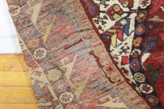 Antique large northwest persian kurdish rug. Extremely colorful example with thick high pile but years of dirt and several spots in need of restoration. All natural colors. Mostly wool foundation but some  ...