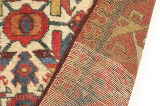 Antique large northwest persian kurdish rug. Extremely colorful example with thick high pile but years of dirt and several spots in need of restoration. All natural colors. Mostly wool foundation but some  ...