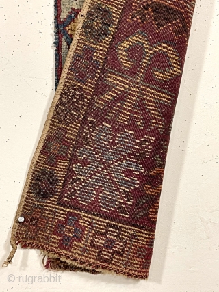 Antique rug fragment. Origin? Great natural colors. Good pile. As found, in need of a wash. Old. 17” x 67”
             