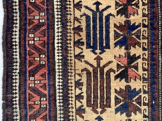 Antique camel ground Baluch prayer with an uncommon totemic tree design, good pile and good old colors including rich blues. Interesting dramatic secondary motifs. Overall mostly good pile and tight weave, some  ...