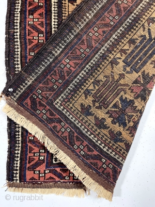 Antique camel ground Baluch prayer with an uncommon totemic tree design, good pile and good old colors including rich blues. Interesting dramatic secondary motifs. Overall mostly good pile and tight weave, some  ...