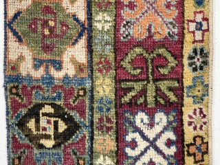 Antique rug fragment. Origin? Great natural colors. Good pile. As found, in need of a wash. Old. 17” x 67”
             