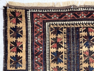 Antique camel ground Baluch prayer with an uncommon totemic tree design, good pile and good old colors including rich blues. Interesting dramatic secondary motifs. Overall mostly good pile and tight weave, some  ...