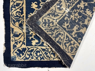 Antique Chinese rug. Interesting design. In very rough condition as shown. Holes, tears , areas of wear. Nice almost square size. As found in China. Unlike anything I have had before. 4’1”  ...