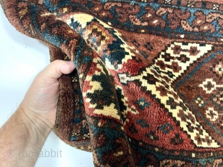 Antique turkman trapping or jollar with ikat inspired design and full thick high pile. All good natural colors with lots of undyed natural brown wool. Original selvages and remnant flat weave at  ...