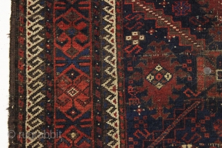 antique early baluch rug. Rare example just found locally. "as found", complete with original kelim ends but very dirty with wear and a good tear as shown. All natural colors. 3rd qtr.  ...