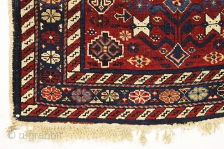 antique shirvan rug. Unusual design. Untouched near original condition with original selvages and end braiding. All beautiful natural colors. Recent wash. Late 19th c. Great small size 3'3" x 4'4"   