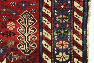 antique shirvan rug. Unusual design. Untouched near original condition with original selvages and end braiding. All beautiful natural colors. Recent wash. Late 19th c. Great small size 3'3" x 4'4"   