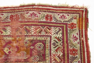 Antique turkish prayer rug. Well used older example with nice drawing and wide range of colors. Beautiful greens. "as found", with heavy wear and some small old repairs. Priced accordingly. 19th c.  ...