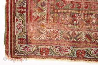 Antique turkish prayer rug. Well used older example with nice drawing and wide range of colors. Beautiful greens. "as found", with heavy wear and some small old repairs. Priced accordingly. 19th c.  ...