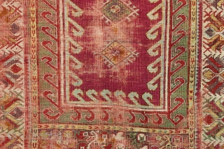 Antique turkish prayer rug. Well used older example with nice drawing and wide range of colors. Beautiful greens. "as found", with heavy wear and some small old repairs. Priced accordingly. 19th c.  ...