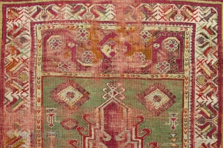 Antique turkish prayer rug. Well used older example with nice drawing and wide range of colors. Beautiful greens. "as found", with heavy wear and some small old repairs. Priced accordingly. 19th c.  ...