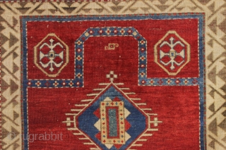 antique bordjalou kazak prayer rug. Iconic design. All natural colors featuring a beautiful red ground, nice old greens and pretty medium blues. Unrestored, near original condition. Slight wear. Could use a bit  ...