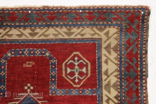 antique bordjalou kazak prayer rug. Iconic design. All natural colors featuring a beautiful red ground, nice old greens and pretty medium blues. Unrestored, near original condition. Slight wear. Could use a bit  ...