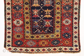 antique kazak or gendge rug with an interesting design and superb natural colors. Very high qualty weaving with beautiful wool. Deep blue ground. Washed but unrestored with mostly good pile, slight scattered  ...