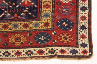 antique kazak or gendge rug with an interesting design and superb natural colors. Very high qualty weaving with beautiful wool. Deep blue ground. Washed but unrestored with mostly good pile, slight scattered  ...