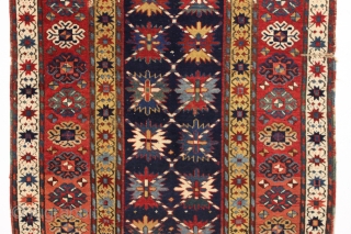 antique kazak or gendge rug with an interesting design and superb natural colors. Very high qualty weaving with beautiful wool. Deep blue ground. Washed but unrestored with mostly good pile, slight scattered  ...