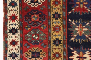antique kazak or gendge rug with an interesting design and superb natural colors. Very high qualty weaving with beautiful wool. Deep blue ground. Washed but unrestored with mostly good pile, slight scattered  ...