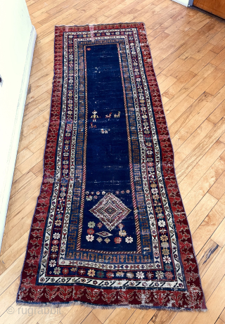Out of the cedar chests. Early Caucasian long rug. Talish? Great pictorial area. Exceptional borders. Intact but not perfect condition. Edges rough and scattered crude flat stitch repairs. Handkerchief like handle. Early  ...