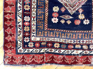 Out of the cedar chests. Early Caucasian long rug. Talish? Great pictorial area. Exceptional borders. Intact but not perfect condition. Edges rough and scattered crude flat stitch repairs. Handkerchief like handle. Early  ...