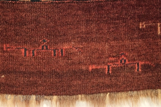 Antique chuval with skirt showing horses and human figures, some riding on horseback. Mostly good thick high pile with just a few small spots of wear. All good natural colors with a  ...