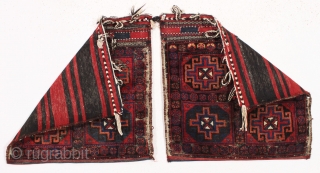 old pair of complete northwest persian or kurdish bags. Interesting design. All good colors. Some wear and heavy brown oxidation. Original backs. late 19th c. each bag app. 25" x 27"   ...