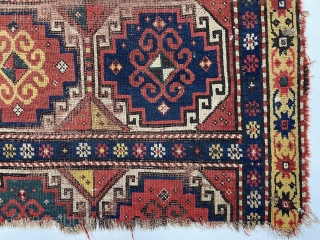 Antique Kazak or Moghan rug fragment. Good age and drawing but overall very rough condition. As found, very very dirty with holes, tears, dirt and who knows what on the surface? Edges  ...