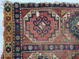 Antique Kazak or Moghan rug fragment. Good age and drawing but overall very rough condition. As found, very very dirty with holes, tears, dirt and who knows what on the surface? Edges  ...