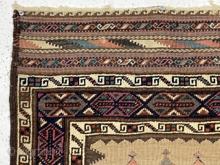 Antique unusual and attractive small Baluch weaving with mixed pile and flat weave techniques. Complex and colorful pile borders and extra fancy end kelims compliment the spacious flat woven field. Pile areas  ...