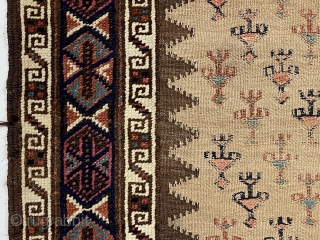 Antique unusual and attractive small Baluch weaving with mixed pile and flat weave techniques. Complex and colorful pile borders and extra fancy end kelims compliment the spacious flat woven field. Pile areas  ...