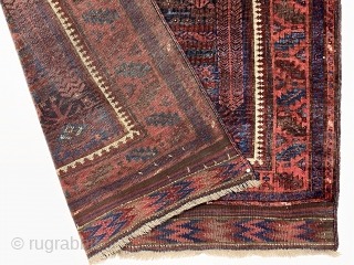 Early blue ground timuri Baluch rug with vivid electric blues. Unusual field design with archaic floral motifs and a beautifully drawn central medallion. All natural colors. Thin and floppy with very fine  ...