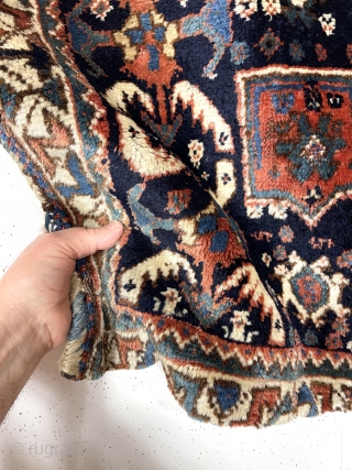 Antique complete south Persian bag. Mostly good thick high pile. All natural colors. Original fancy closure tabs and colorful back. Reasonably clean. Nice example of the type. Late 19th c. About 24”  ...