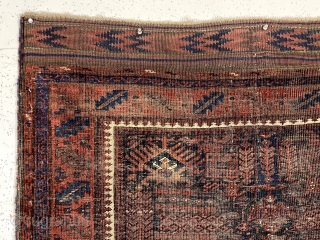 Early blue ground timuri Baluch rug with vivid electric blues. Unusual field design with archaic floral motifs and a beautifully drawn central medallion. All natural colors. Thin and floppy with very fine  ...