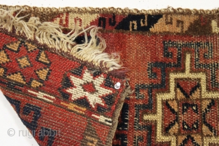 Antique uzbek or some such little pile weaving. Nice bold design. All natural colors. All wool. Not missing borders, original selvages a bit rough. Flat weave sewn on, barely attached. Decent age,  ...