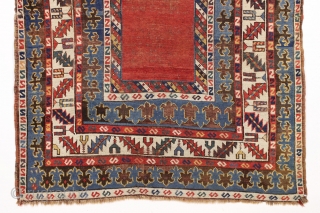 antique large kazak rug with eye catching borders and nearly empty field. All natural colors including a beautiful old purple. Some wear and heavy brown oxidation as shown but mostly decent pile  ...