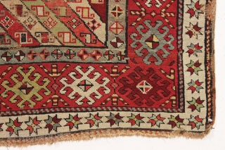 antique caucasian long rug, probably talish. Nice design with good colors featuring rich greens, multiple reds, light blues, and a deep purple. "as found", with wear, heavy black oxidation and some damage  ...