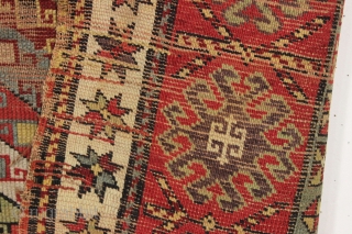 antique caucasian long rug, probably talish. Nice design with good colors featuring rich greens, multiple reds, light blues, and a deep purple. "as found", with wear, heavy black oxidation and some damage  ...