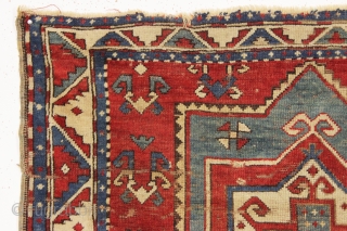 antique small kazak prayer rug. Nicely drawn older example with all natural colors. "As found", with scattered wear and end unraveling as shown. Original selvages. Good age, ca. 1875 or earlier. 3'10"  ...