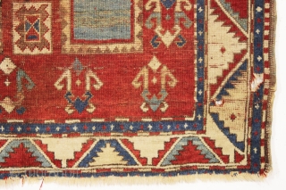 antique small kazak prayer rug. Nicely drawn older example with all natural colors. "As found", with scattered wear and end unraveling as shown. Original selvages. Good age, ca. 1875 or earlier. 3'10"  ...