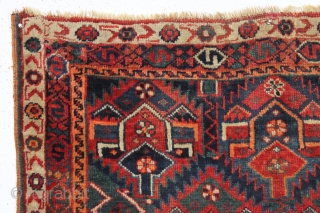 antique kurdish "flaming" palmette rug fragment. Spectacular natural colors and thick glossy wool. As found recently with a little wear, few creases, and inexplicably reduced in length at bottom. Priced accordingly. Could  ...