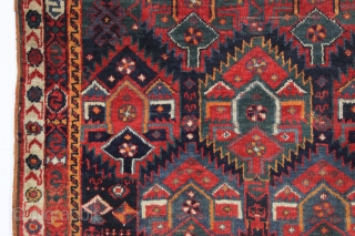 antique kurdish "flaming" palmette rug fragment. Spectacular natural colors and thick glossy wool. As found recently with a little wear, few creases, and inexplicably reduced in length at bottom. Priced accordingly. Could  ...