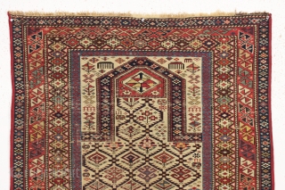 antique caucasian shirvan prayer rug. Classic lattice design. As found, some wear and edges rewrapped. Nice wall piece or usable on the floor in a low traffic spot. Not perfect condition and  ...