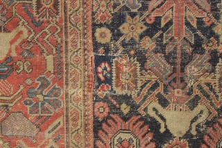 Early persian ferahan rug with an unusual and exceptional border. As found, very very very dirty and with overall low pile as shown. You can see one small old patch in close  ...